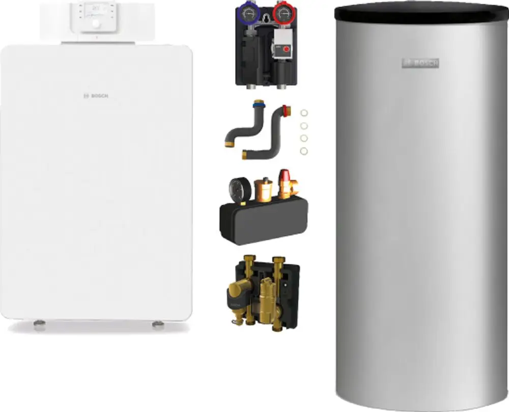 Bosch-Hybridheizsystem, bestehend aus einem weißen Hauptgerät, einem Edelstahl-Wassertank und verschiedenen Komponenten wie Rohren und Ventilen, zur Warmwasser- und Heizungsversorgung.